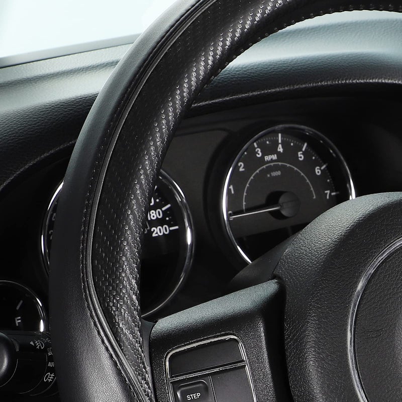 SEG Direct Car Steering Wheel Cover Large-Size for F150 F250 F350 Ram 4Runner Tacoma Tundra Range Rover with 15 1/2"-16" Outer Diameter Leather with Carbon Fiber Pattern Black - Image 2